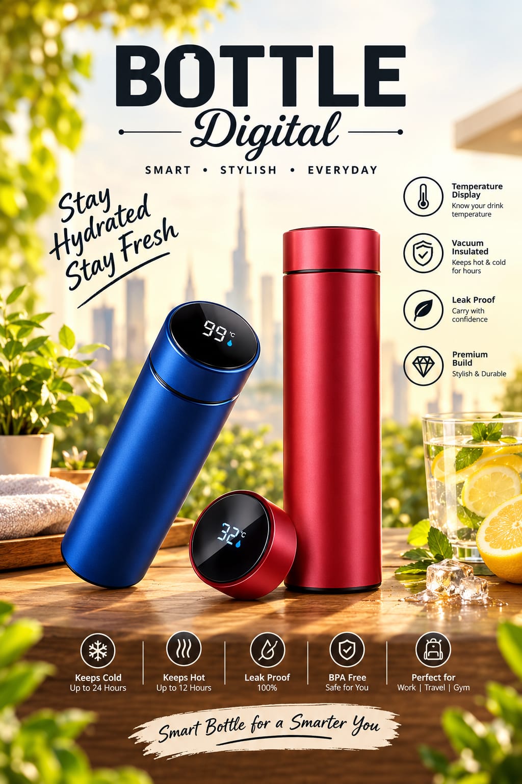 Digital Vacuum Insulated Water Bottle - Blue (1 Pc , 500 ML)